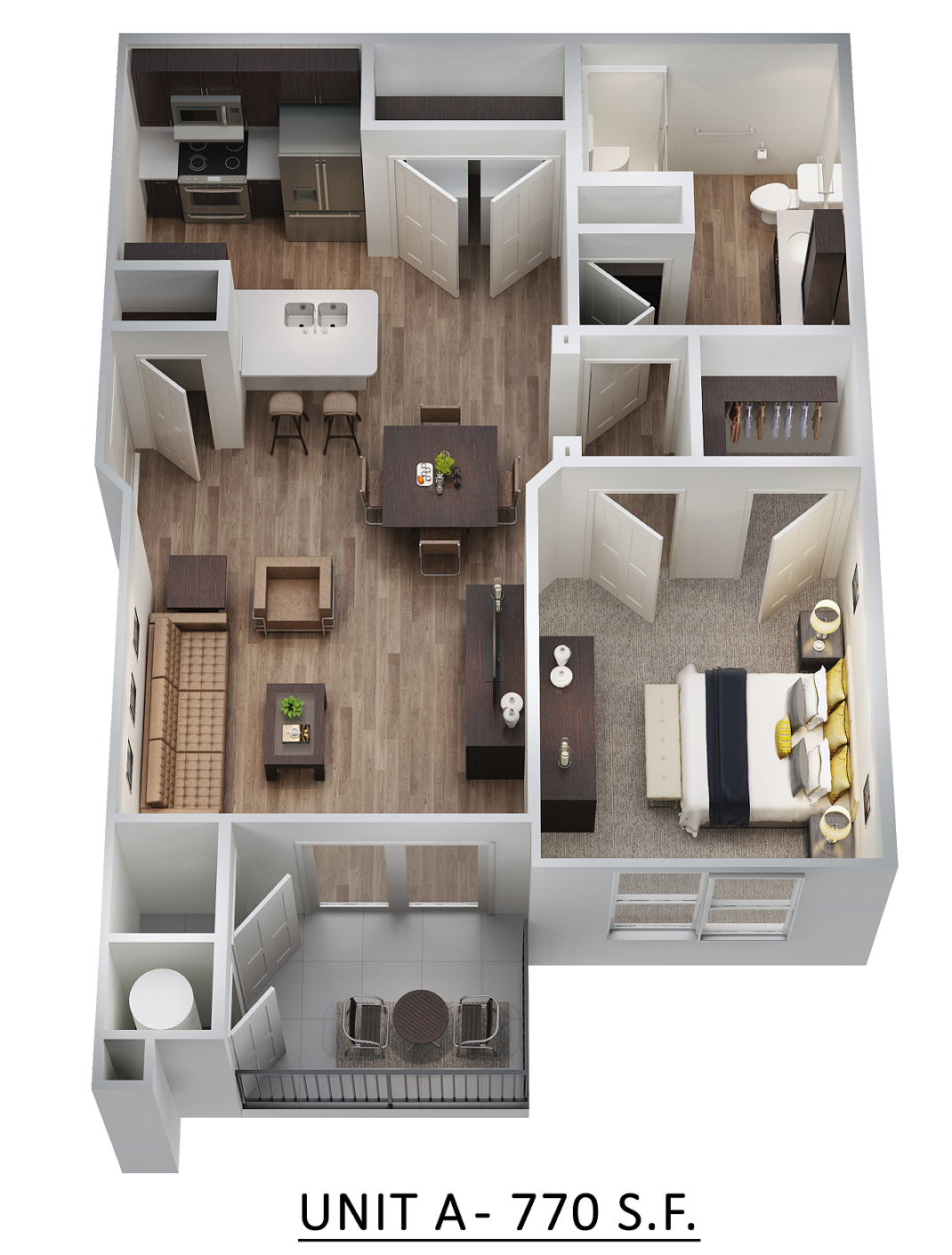 Floor plan for 1 bed, 1 bath, 770 sqft
